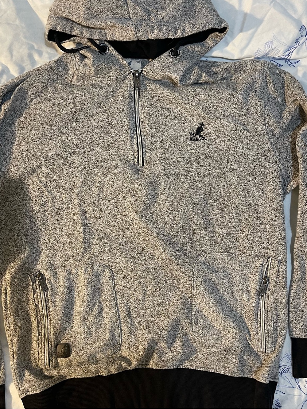 Kangol Vintage Style Heather Gray Quarter 1/4 Zip Hoodie Embroidered Logo Men L